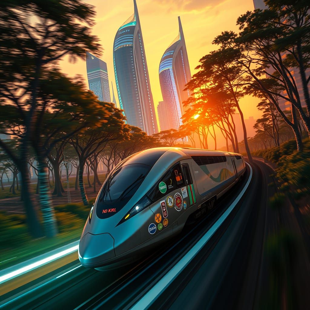 Cyberpunk Train Speeds Across Futuristic Twilight Landscape
