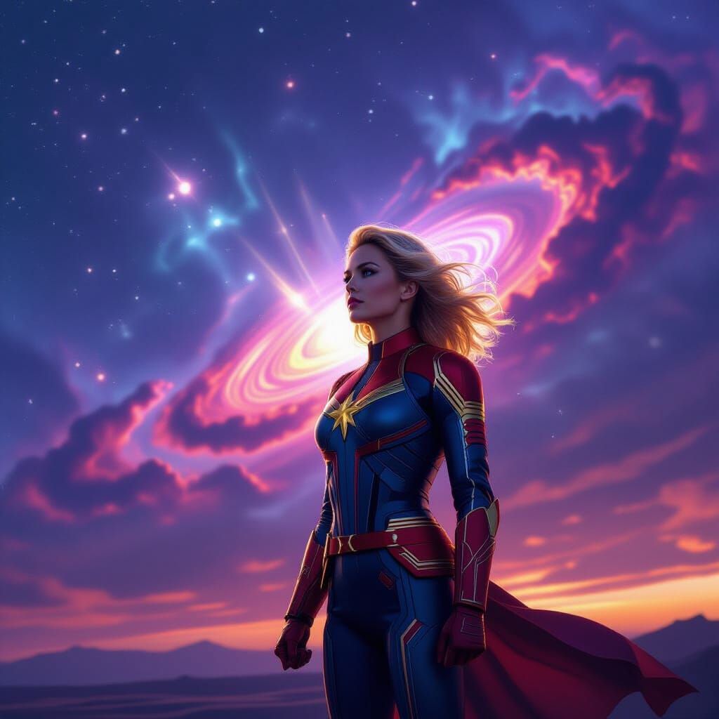 Captain Marvel Against Cosmic Twilight Sky
