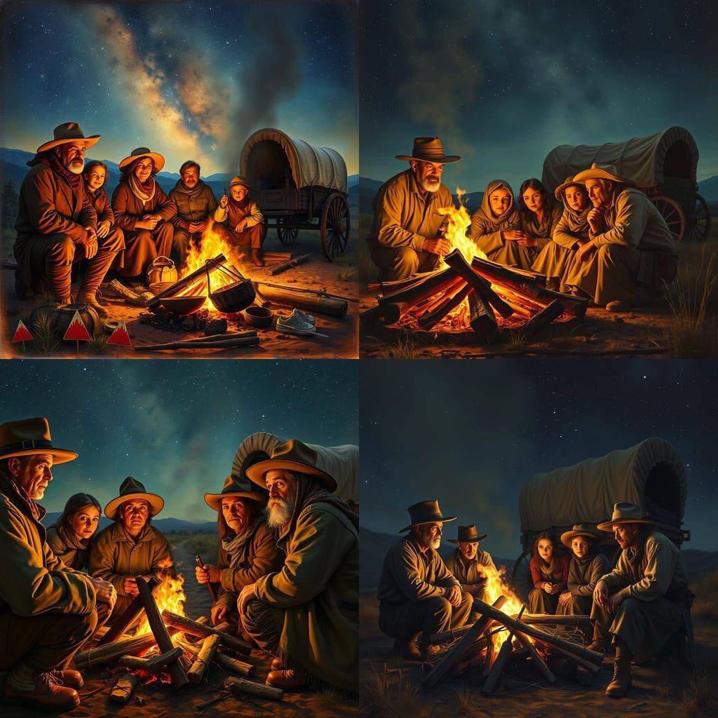 Pioneer Family Campfire Under Starry Oregon Trail Sky