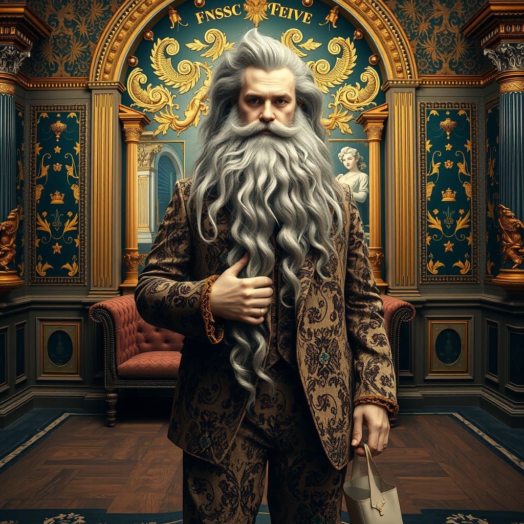 Bearded Man in Ornate Suit: Mystical Portrait