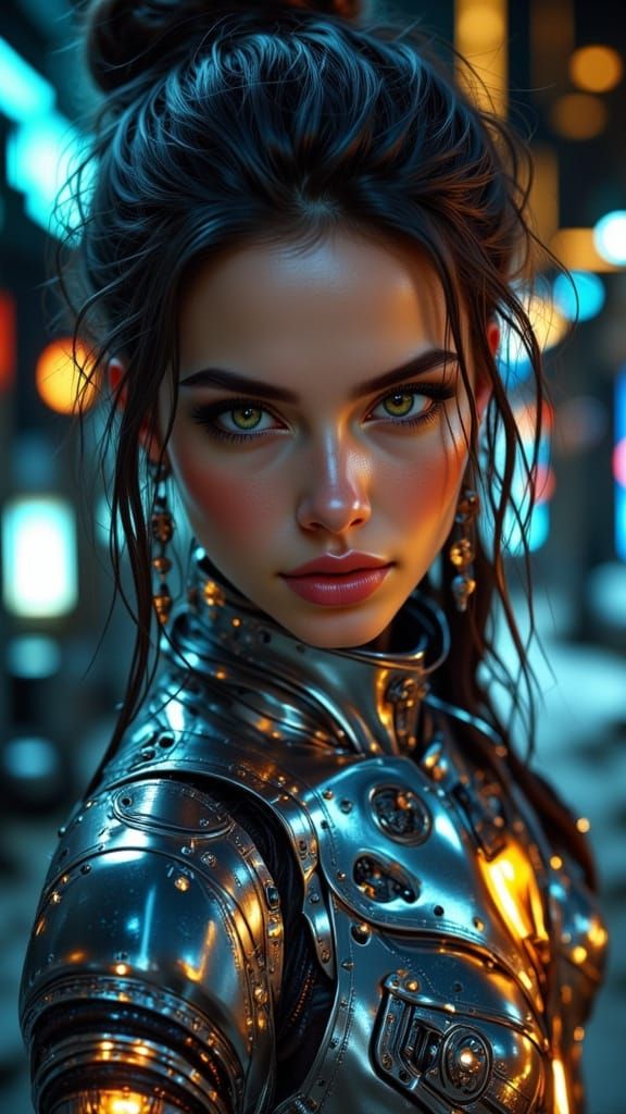 Cybernetic Woman in Metallic Armor, Photorealistic 8K
