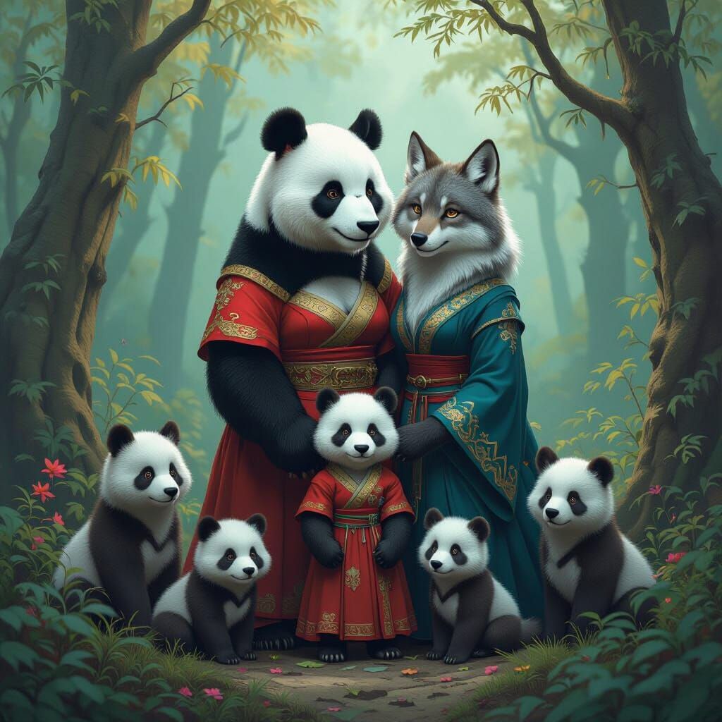 Panda and Wolf Family in Whimsical Forest