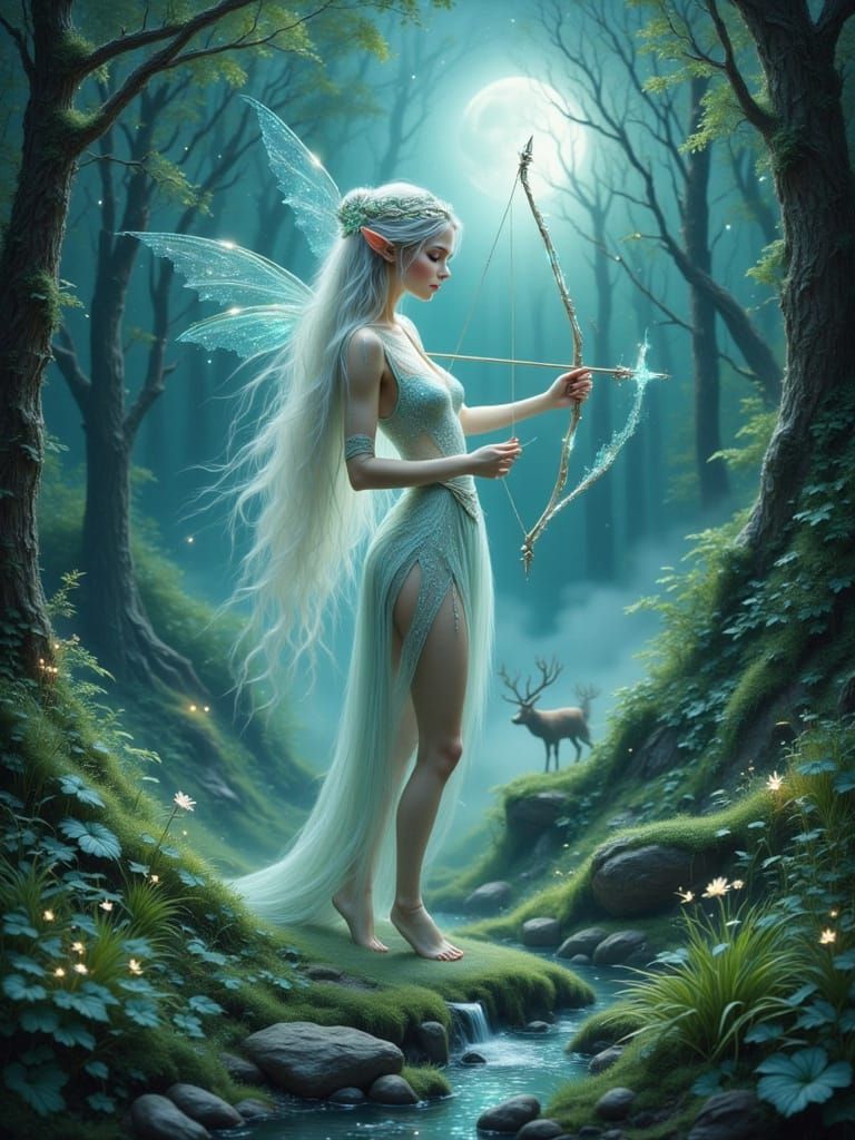 Ethereal Elf Hunts Majestic Elk in Whimsical Forest Scene