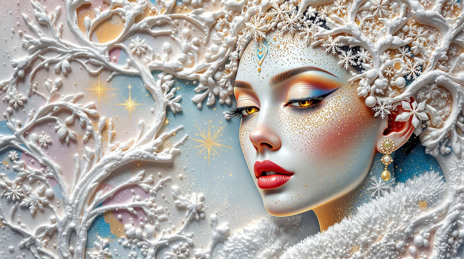 Surreal Snow Goddess Embossed Relief in Vibrant Plaster Back...