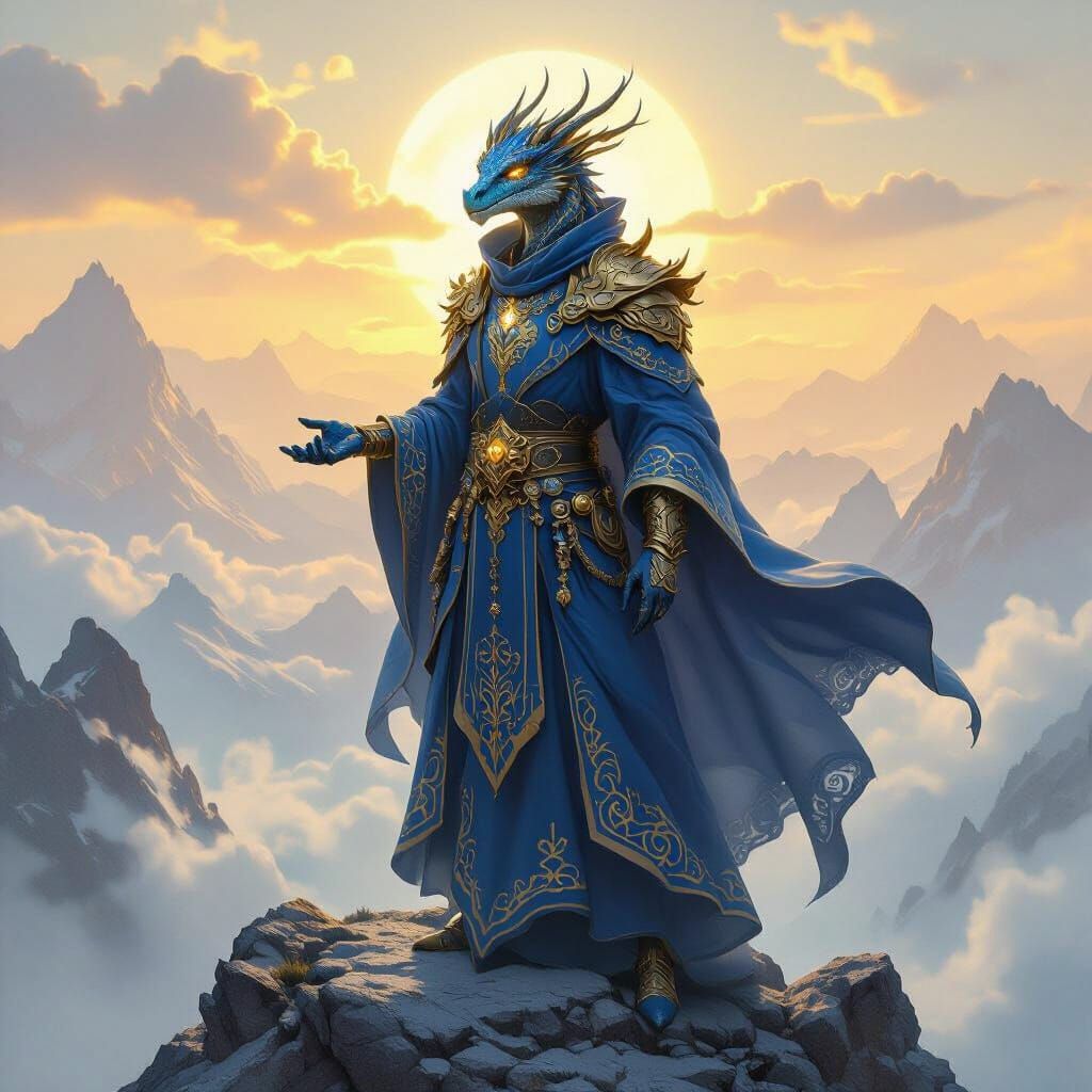 Brass Dragonborn Sorcerer on Mountain Peak in Fantasy Art St...