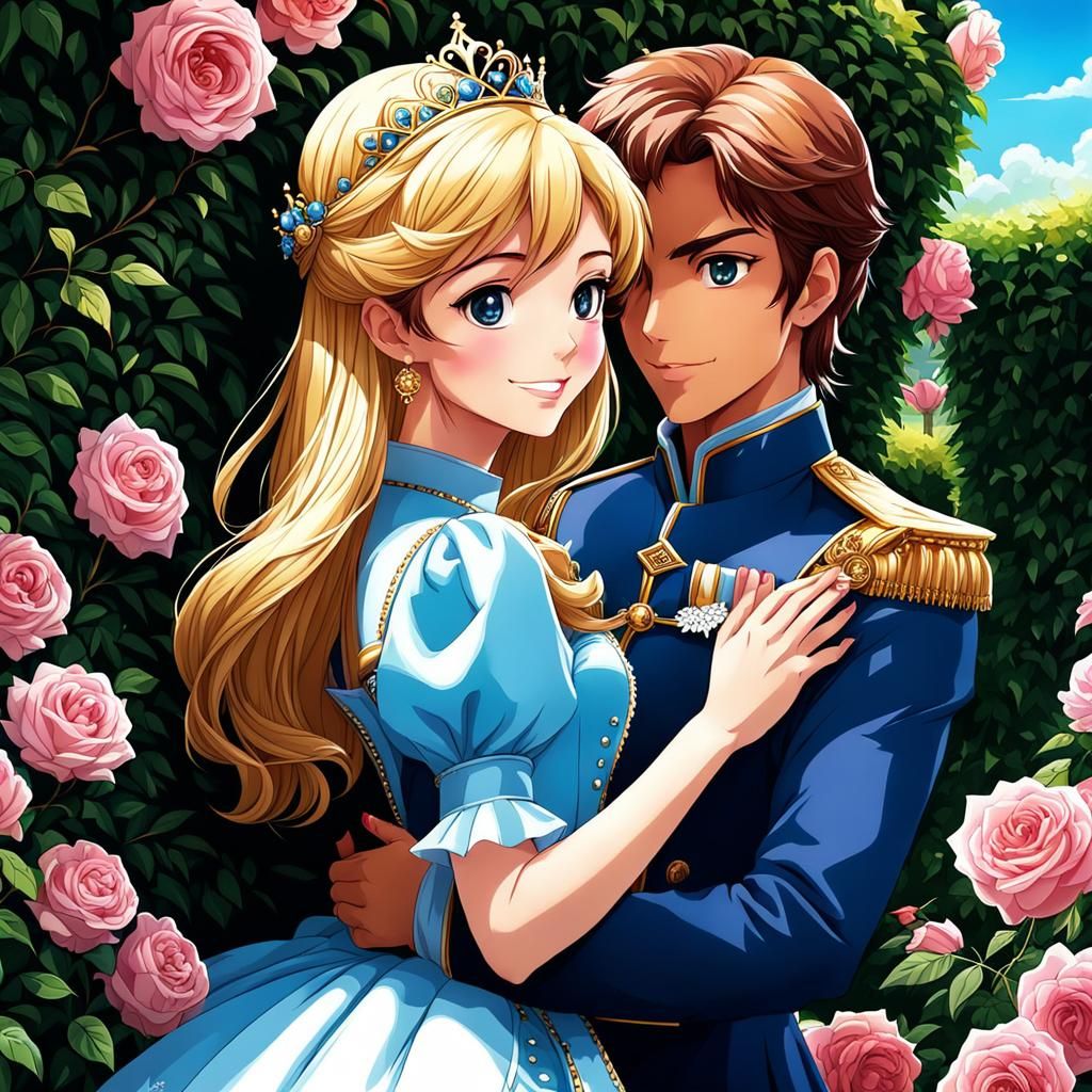 Anime Princess and Prince in Rose Garden