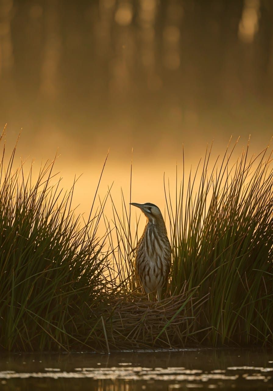 Misty Dawn Bittern Conceals in Reeds by Serene Pond