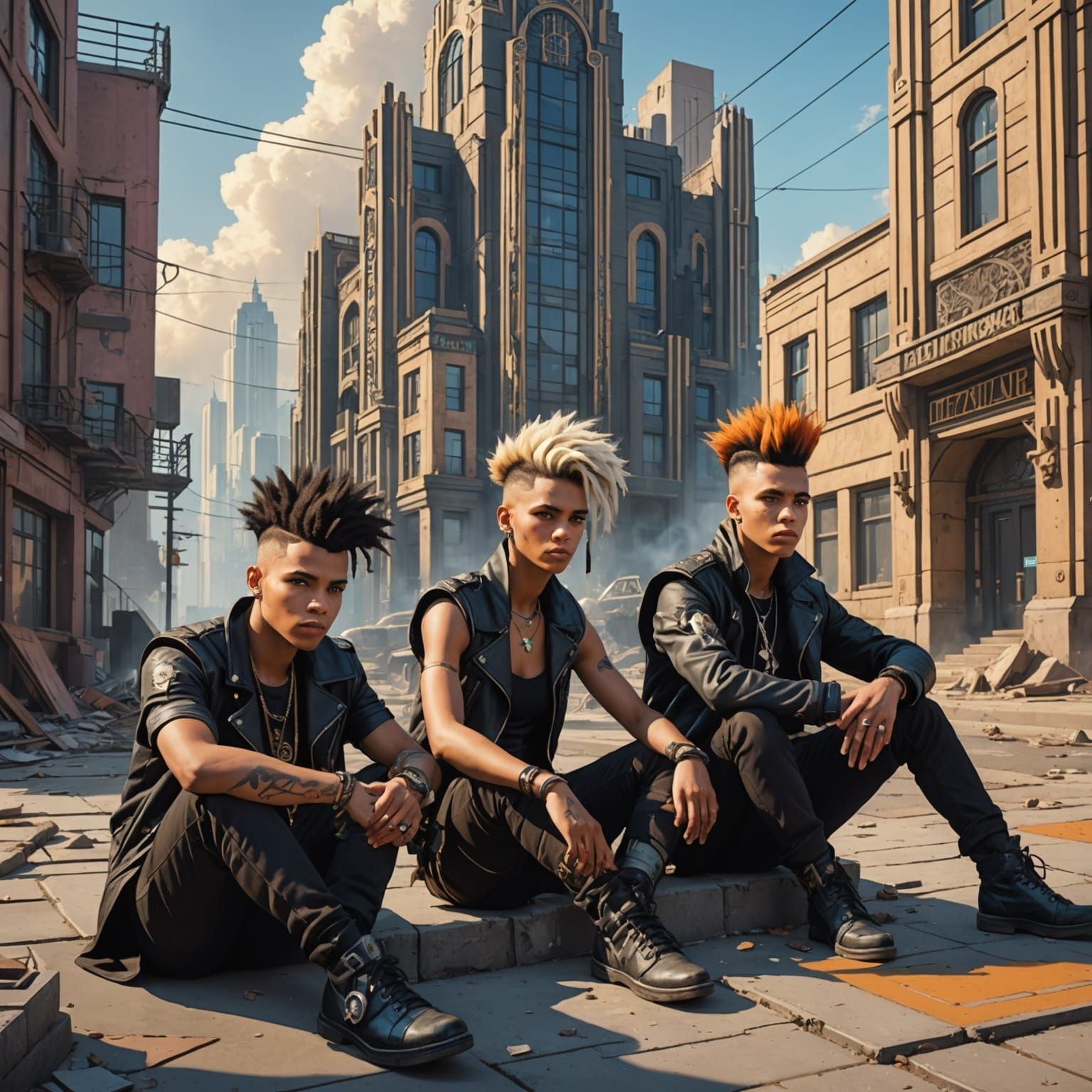 Art Deco Cyberpunk Teens in Post-Apocalyptic City