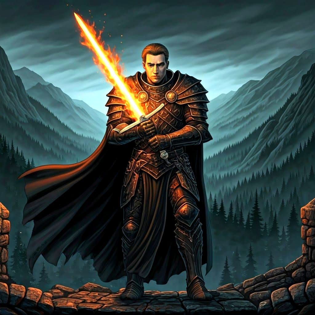 Dark Fantasy Warrior with Flaming Sword on Castle Wall