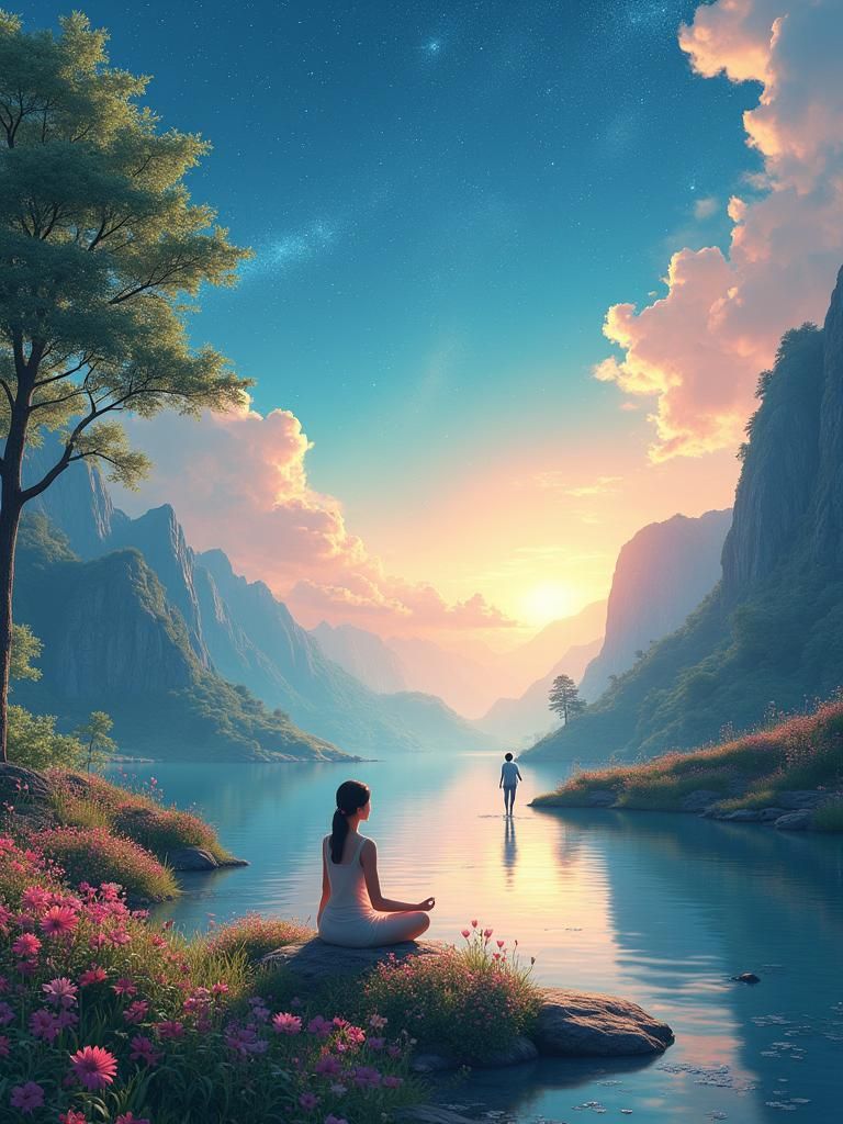 Peaceful Landscape with Meditating Woman and Starry Sky