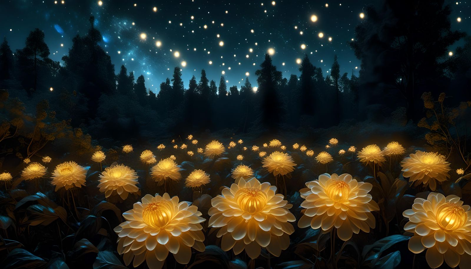 Bioluminescent <lora:eye:1.0> Crystal clear glass Dahlias Illuminated by a bright yellow light scattered across a majest...