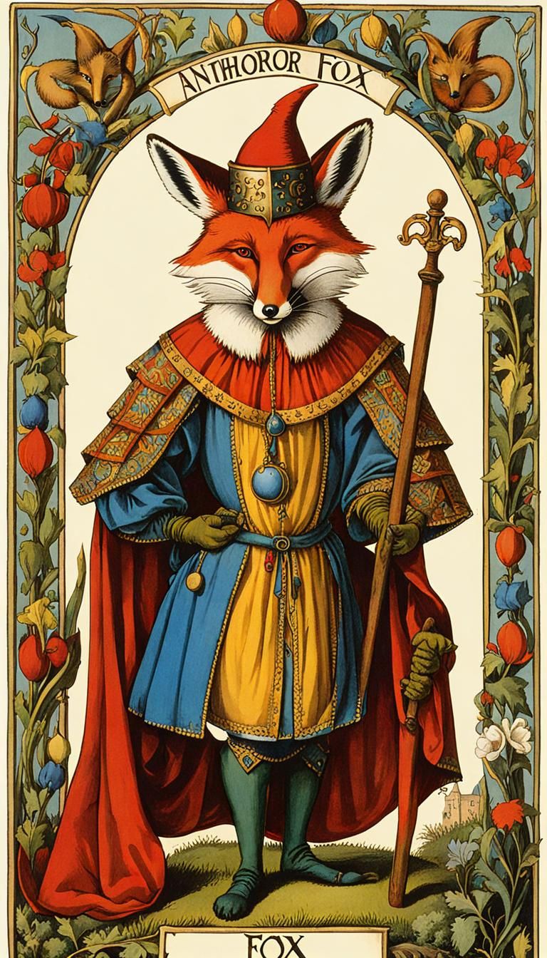 Fox as The Fool Tarot Card in Medieval Style