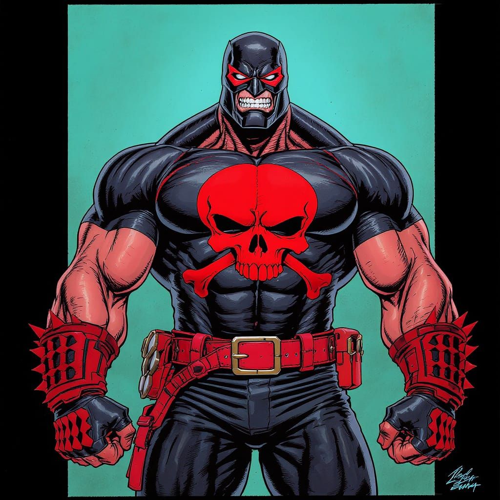 Muscular Man in Skull Mask, Comic Book Art