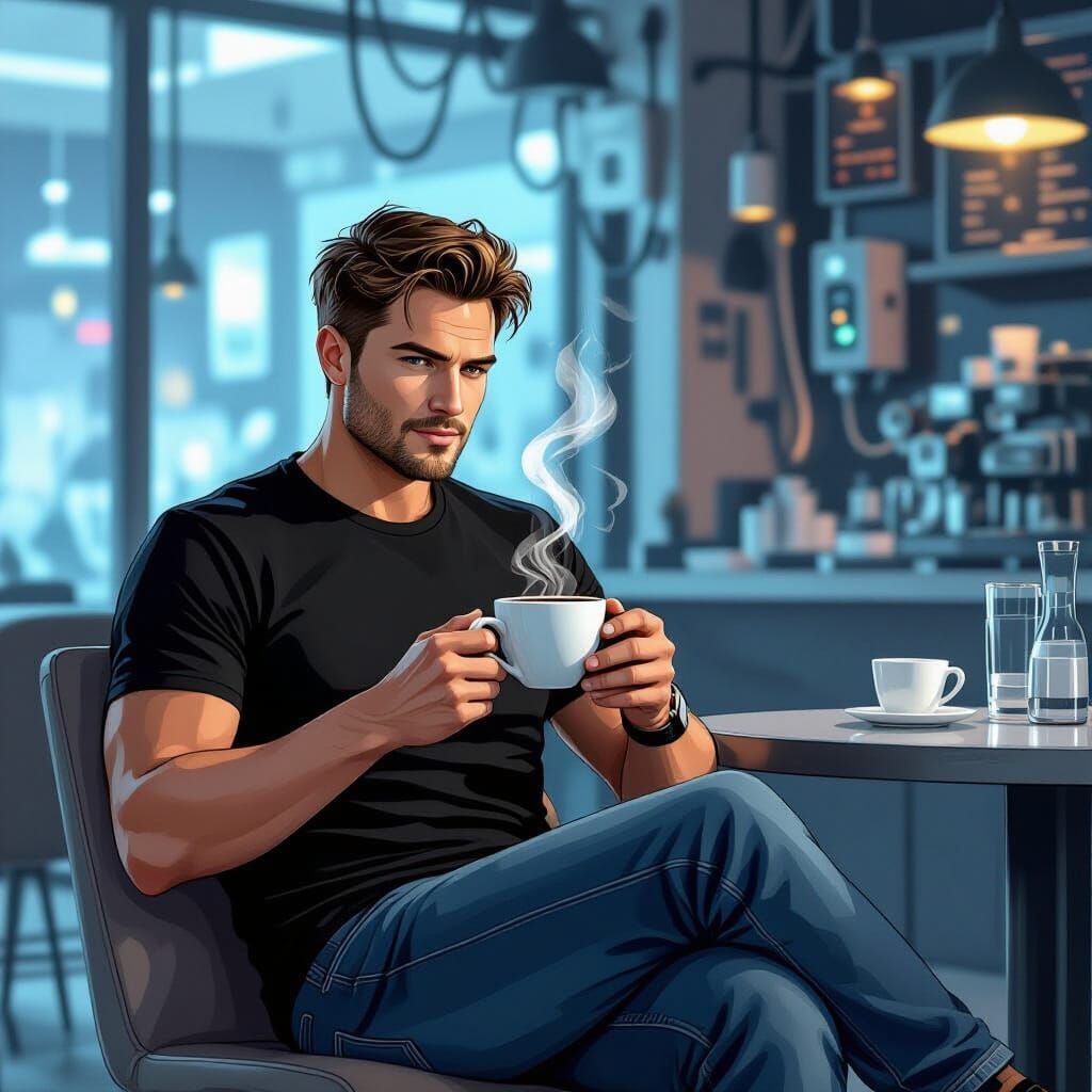 Futuristic Cafe Scene in Syd Mead Illustration Style