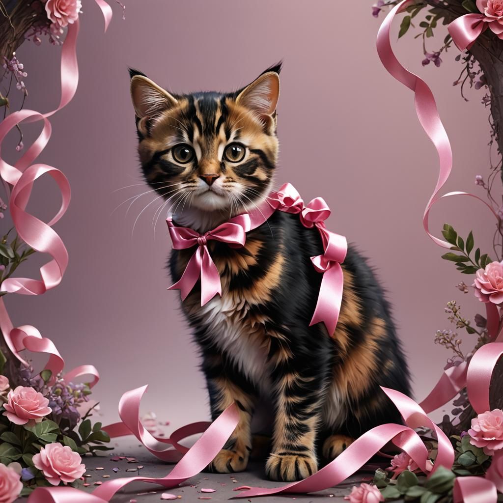 Tortoiseshell Kitten with Pink Ribbon, Detailed Digital Art