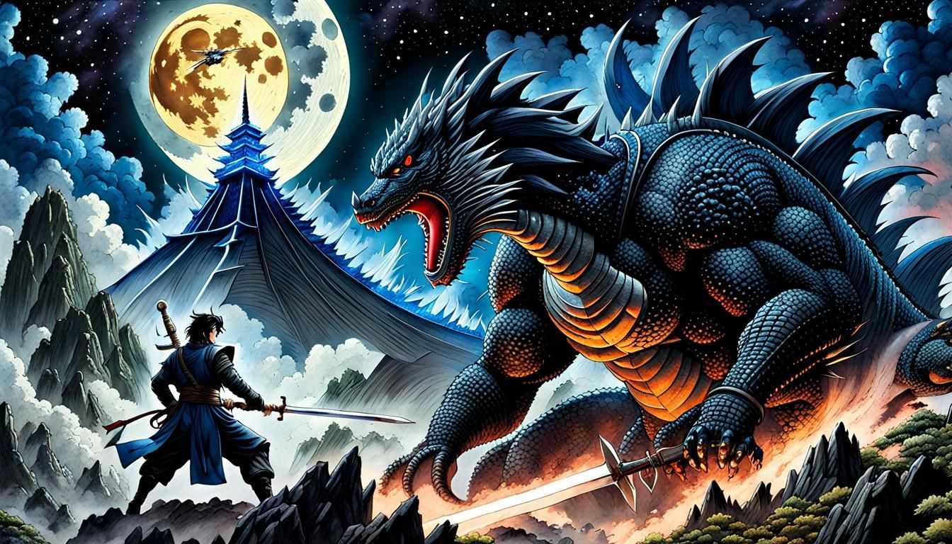 Master Mahito and Takasugi in battle with godzilla