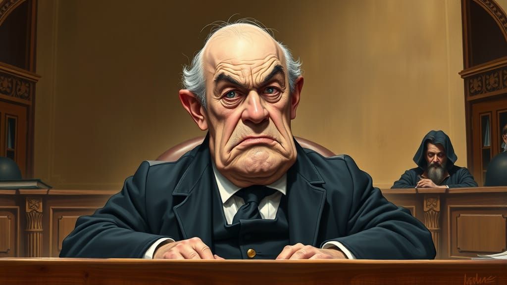 Angry Judge in Courtroom, Gouache Painting Style