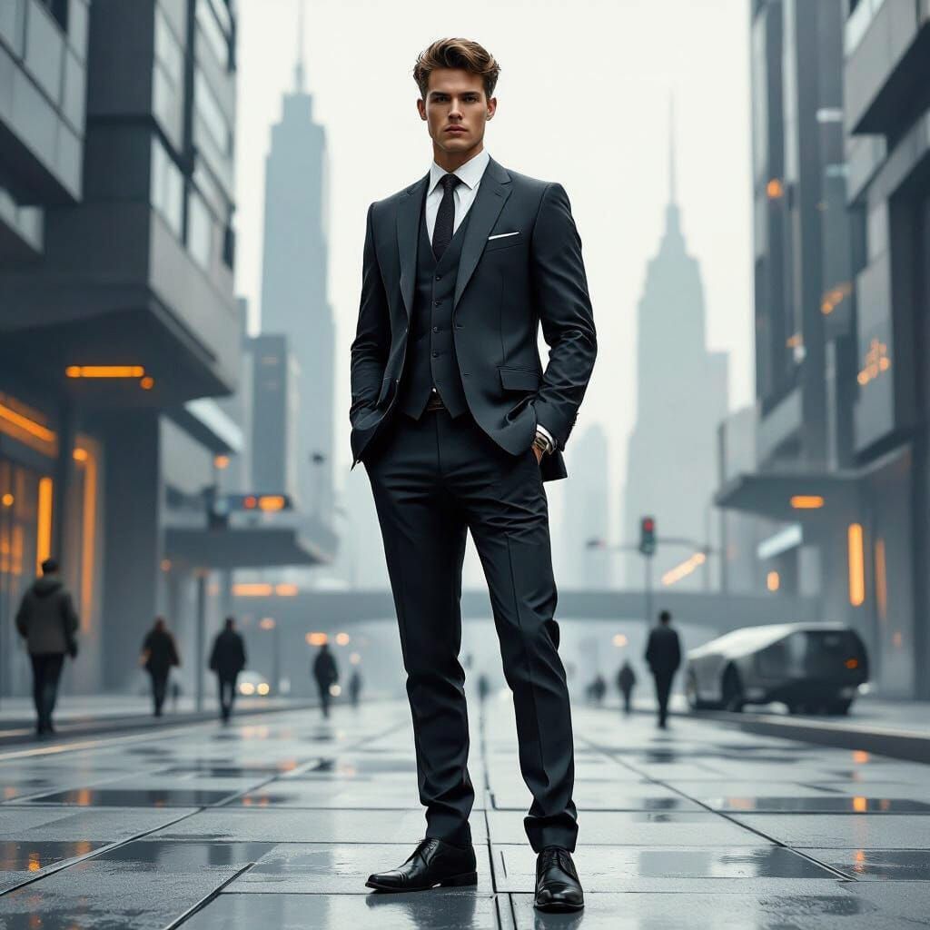Confident Man in Cityscape, Retro-Futuristic Style