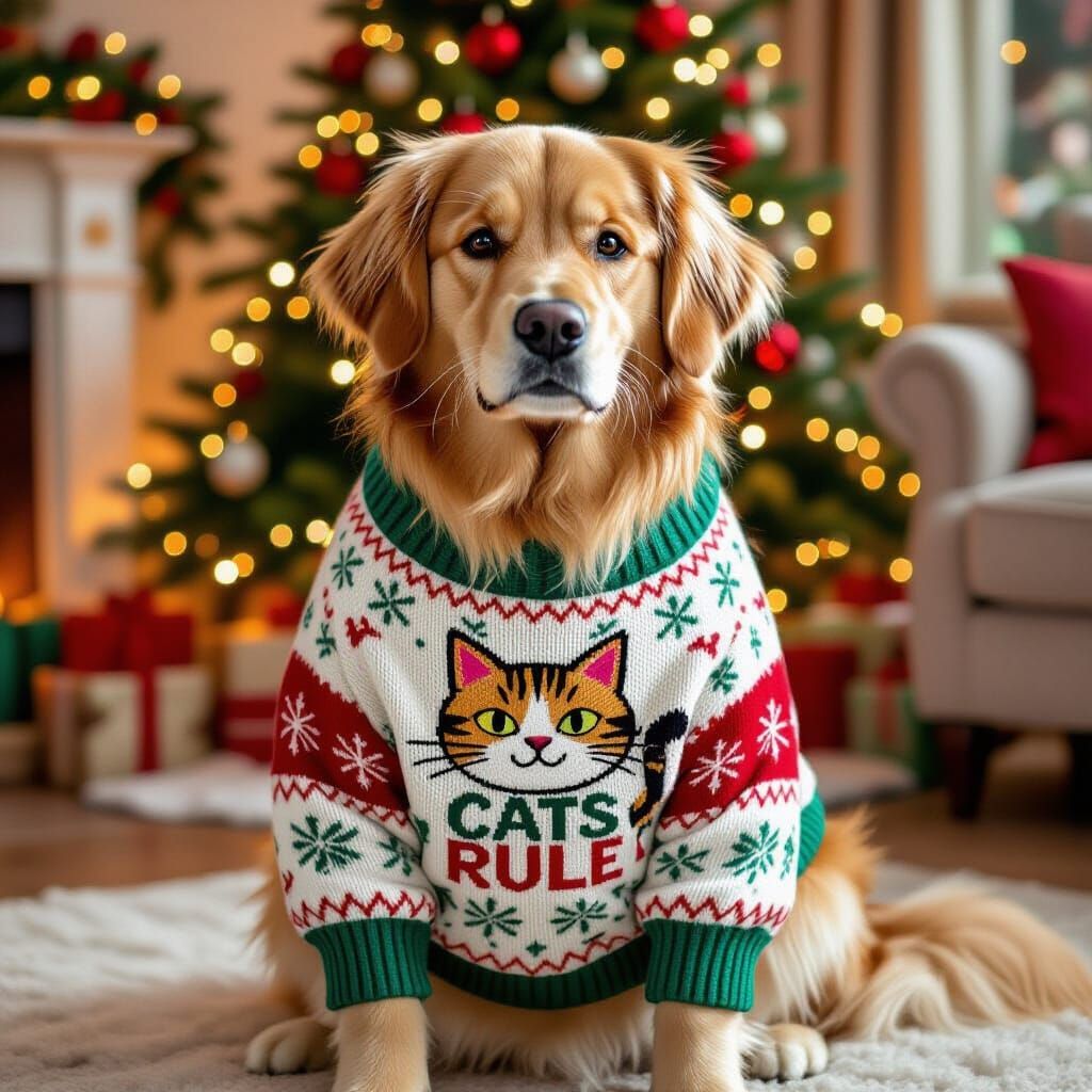 Bewildered Golden Retriever in Ugly Christmas Sweater