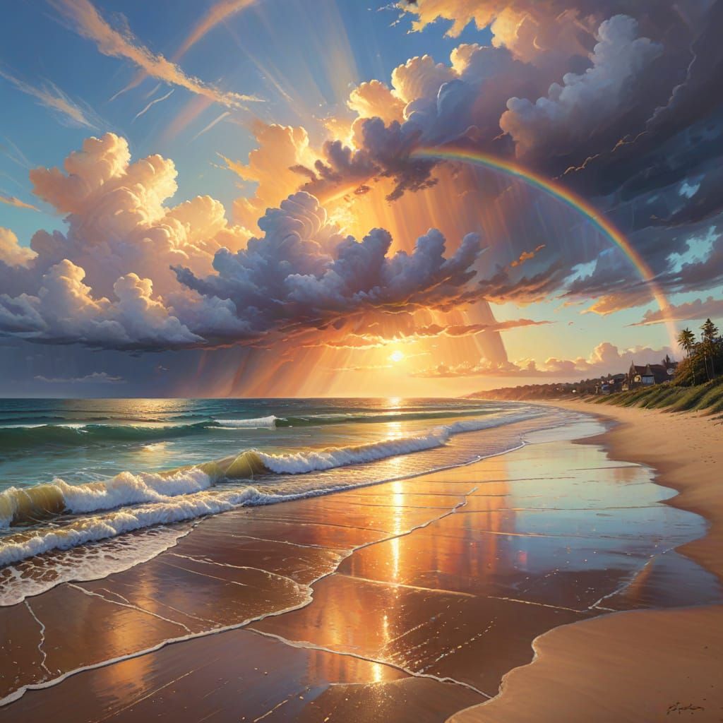 Surreal Seaside Scene with Double Rainbow and Golden Hour