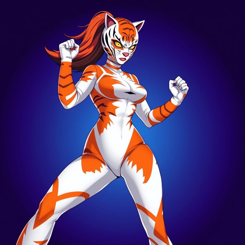 Sleek Female Superhero in White Tiger Costume