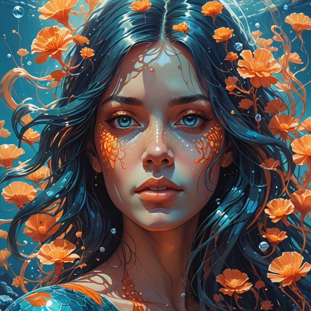 Psychedelic Mermaid in Retro-Futuristic Underwater Scene