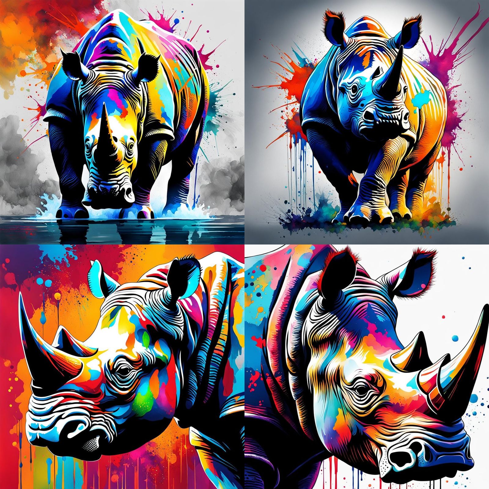 Watercolor Rhino with Ink Splatter Digital Painting