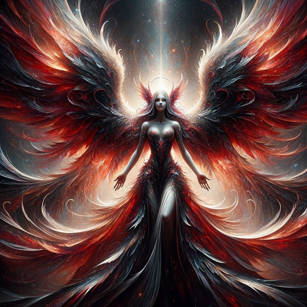 Grandiose Red and Black Angel with Spectral Wings