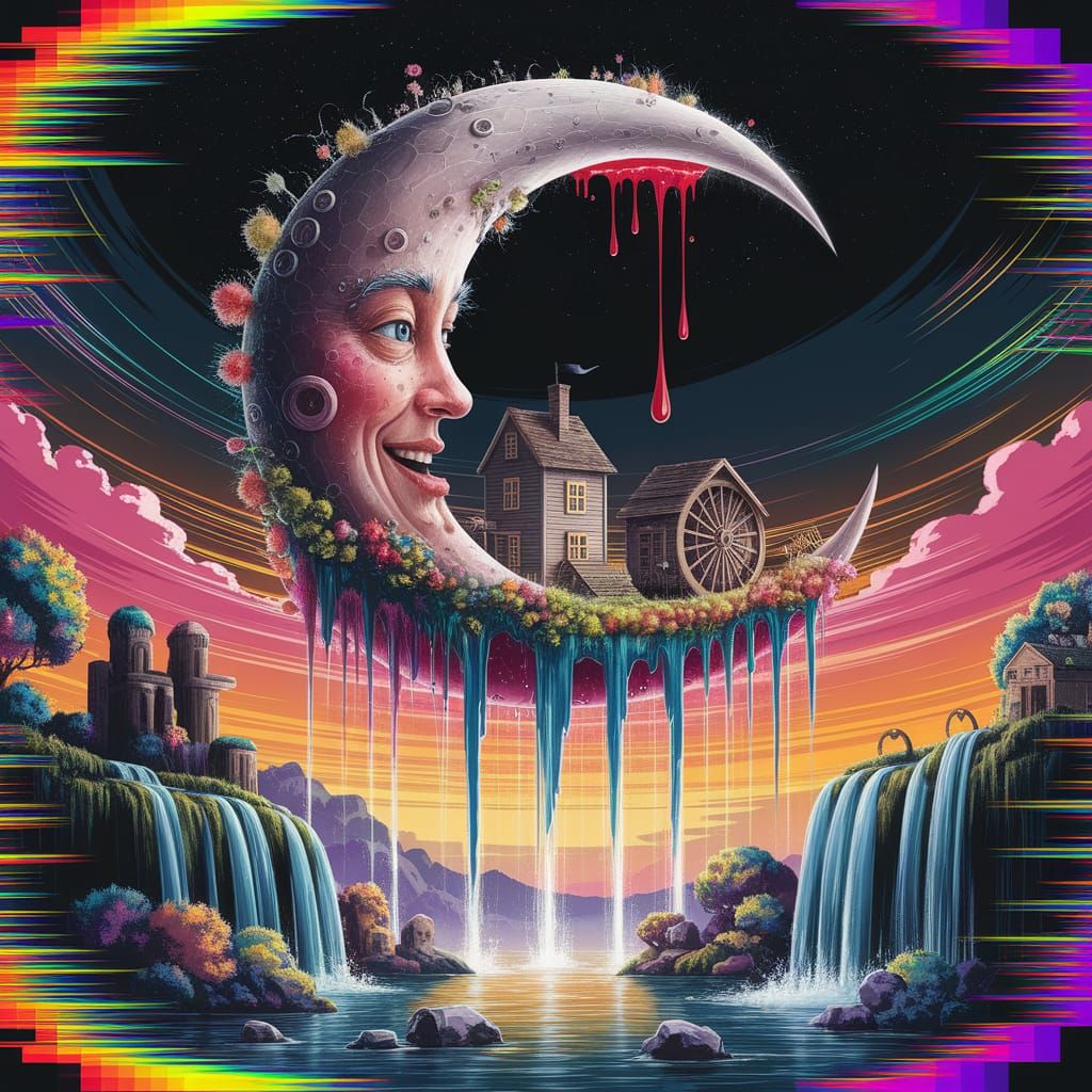 Whimsical Crescent Moon Village in Space