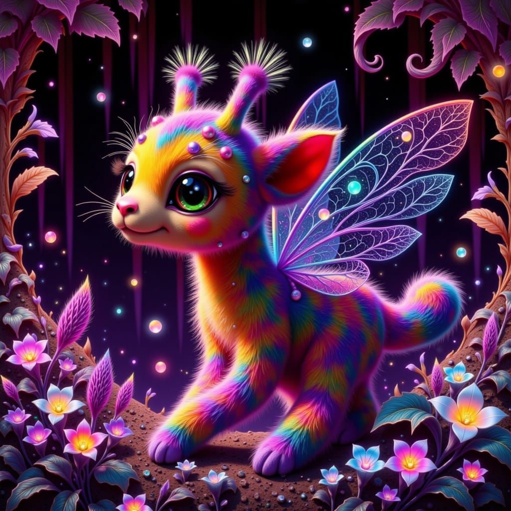 Winged Giraffe in Crystal Cave, Whimsical Digital Art