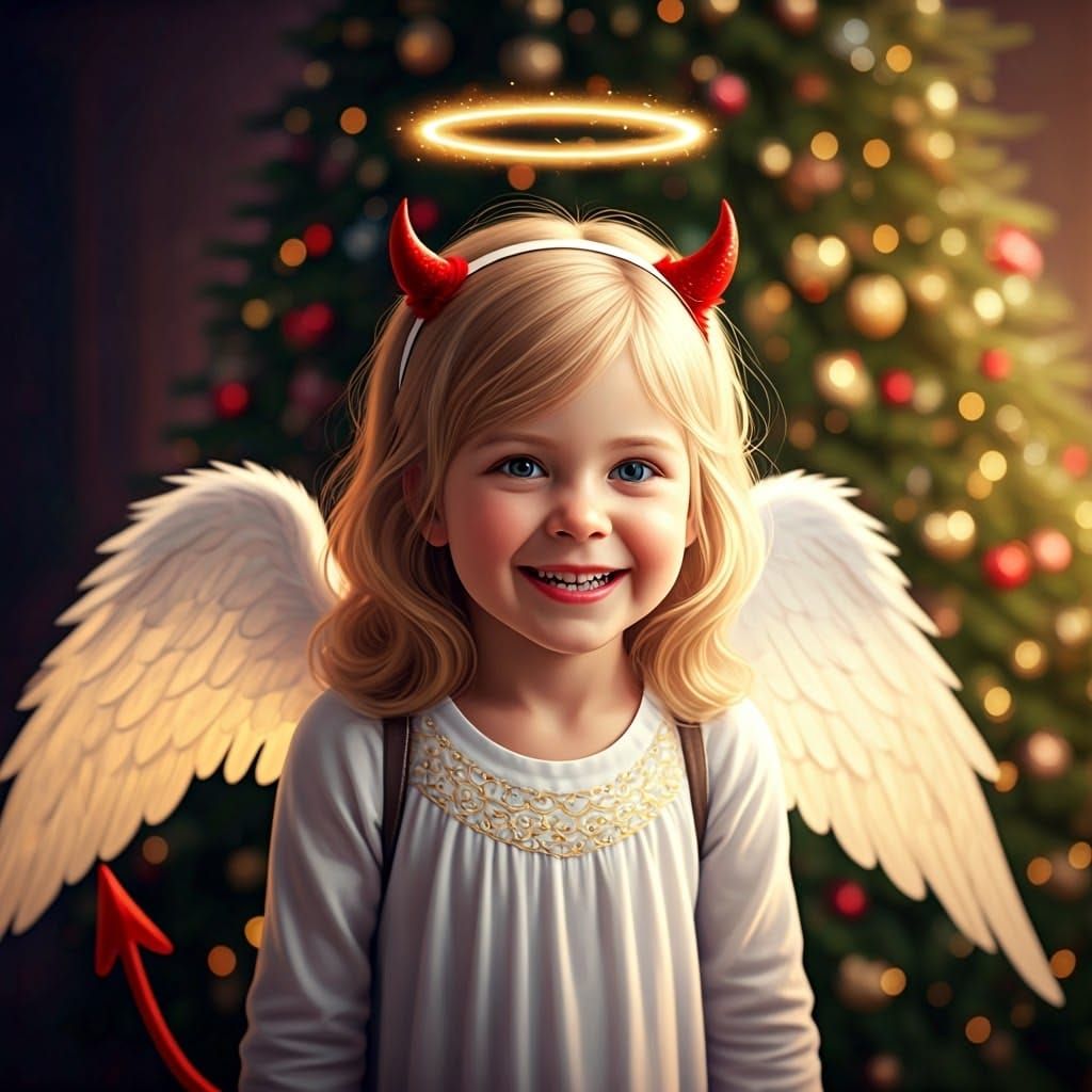Joyful Christmas Tree Scene with Angelic Girl and Whimsical....