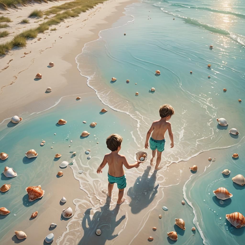 Boy Collecting Seashells on Calm Beach in Matte Painting Sty...