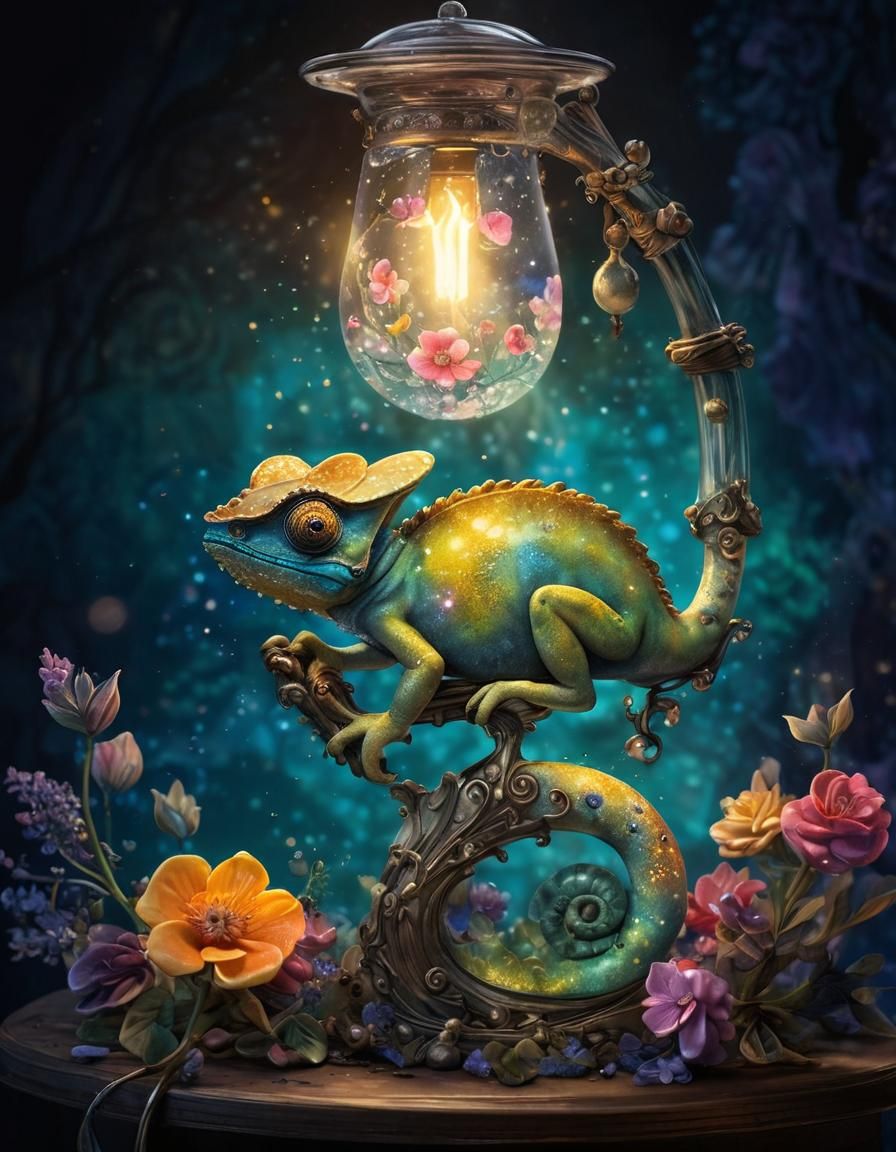 Enchanted Glass Chameleon Lamp in Magic Realism Style