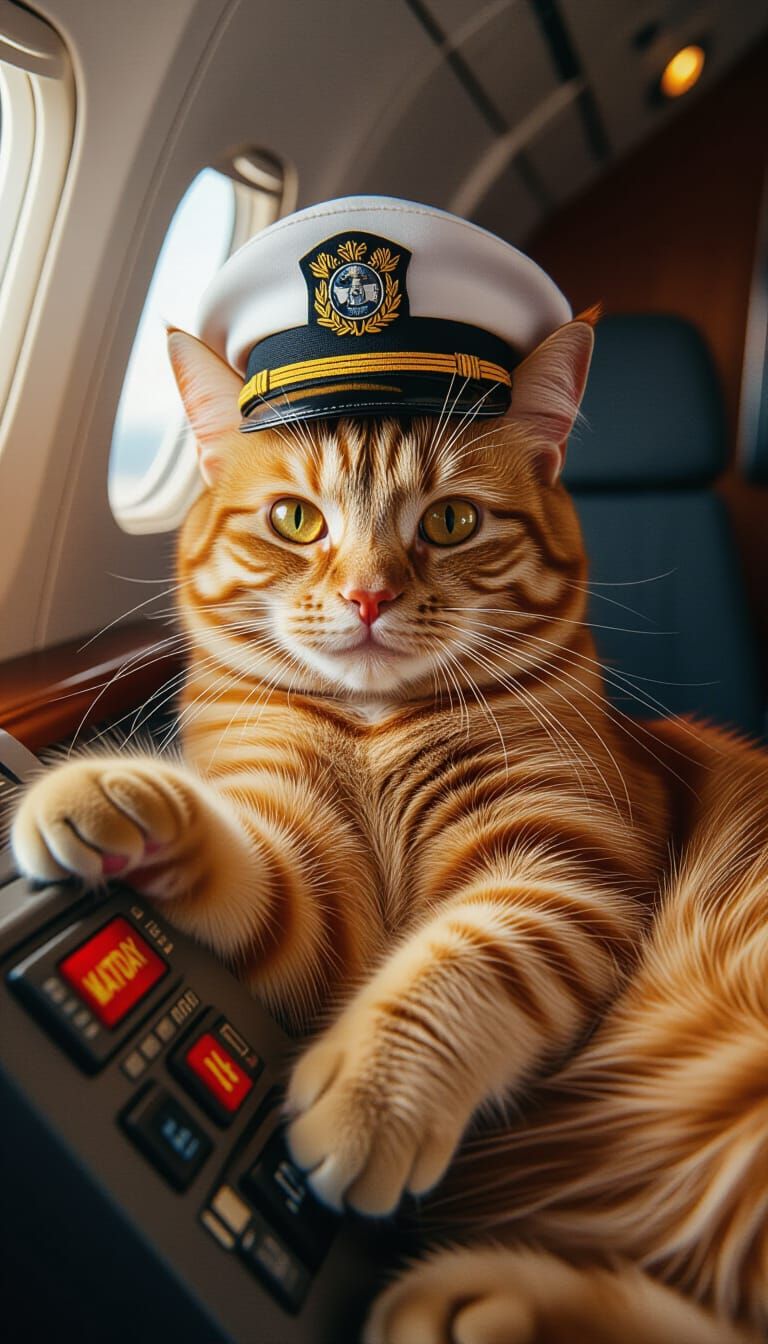 Orange Tabby Cat Captain in Airplane Cabin