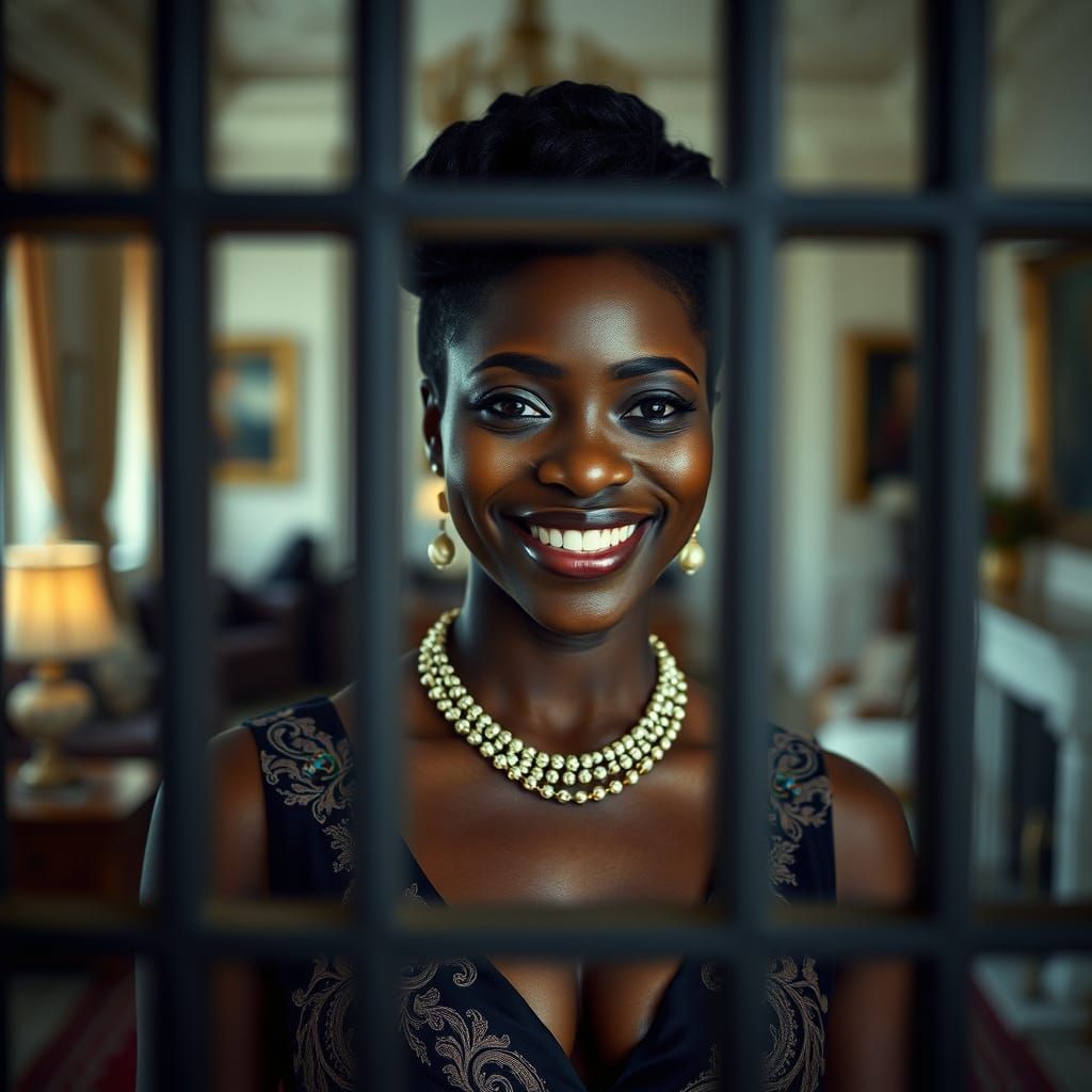 Elegant Woman Behind Bars in Neoclassical Room