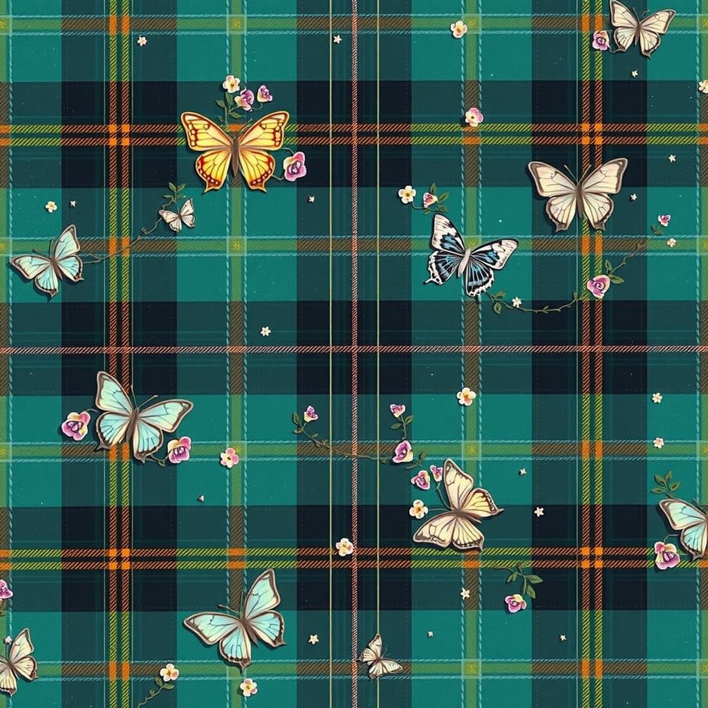 Epic Tartan Landscape with Celtic Crosses and Butterflies in...