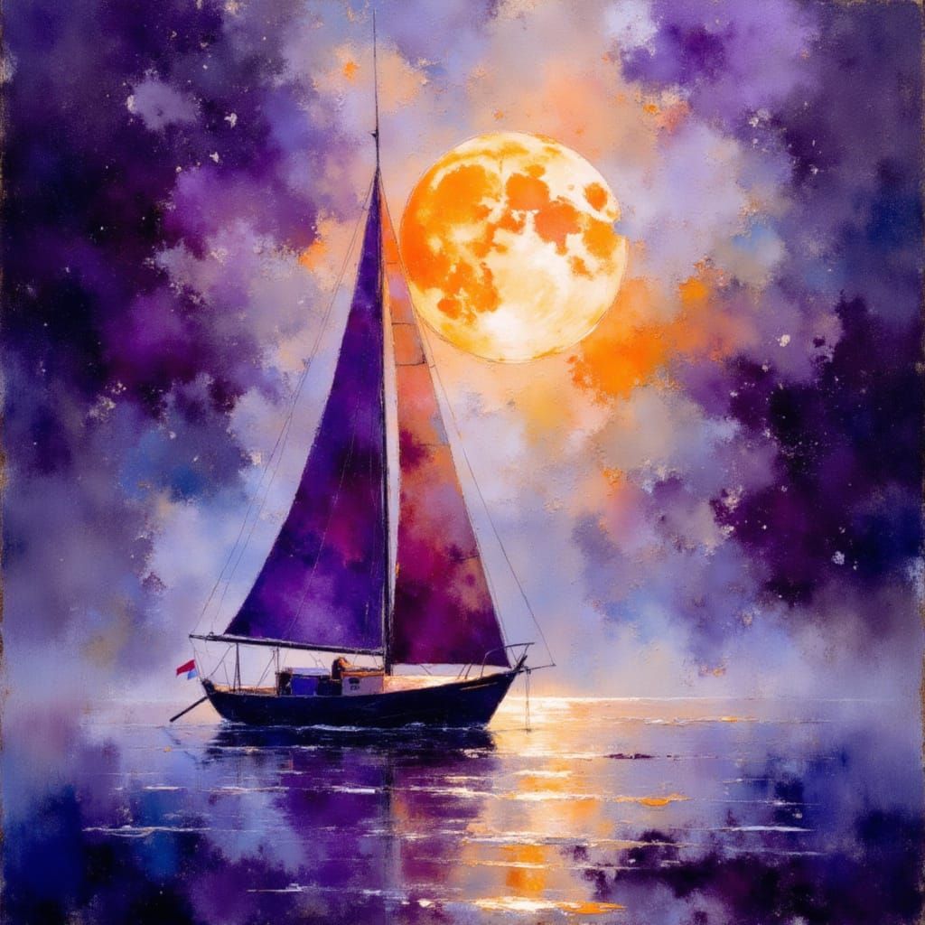 Mystical Purple Sailboat Under Starry Night Sky