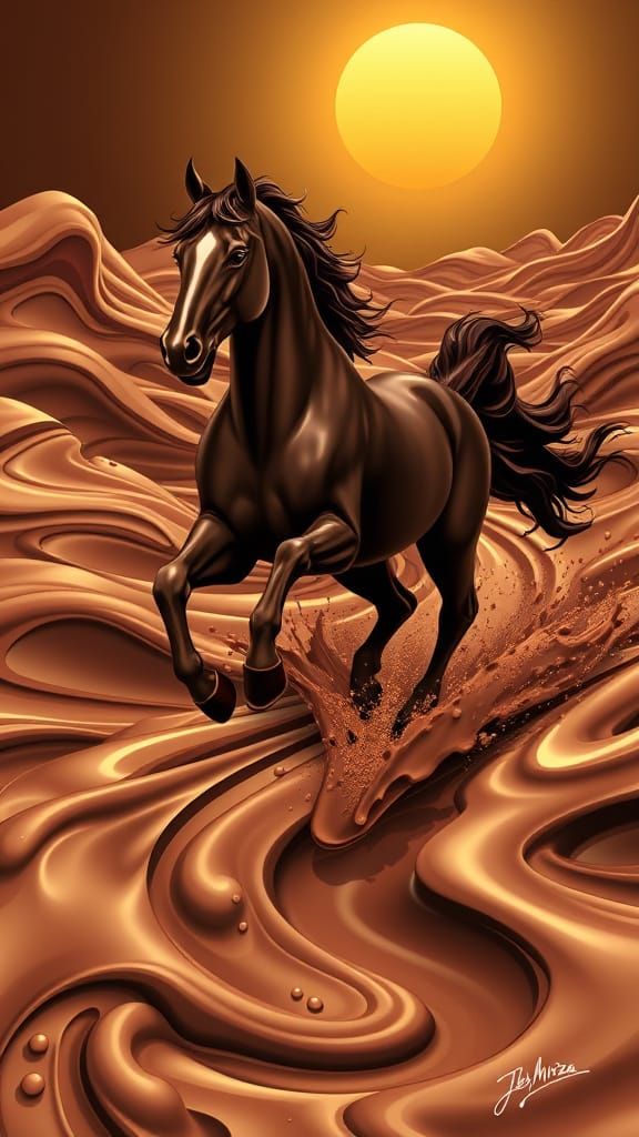 Chocolate Arabian Horse Runs Through Melting Landscape