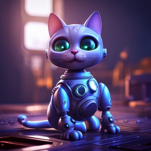 Cute Cat in Robot Suit: Detailed Matte Painting