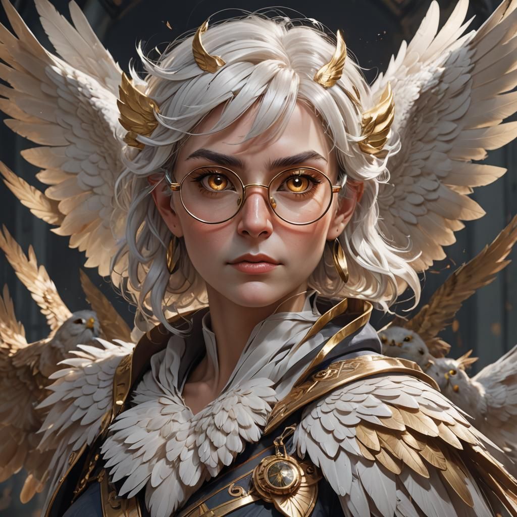 A female owl harpy with short white hair, glasses and golden...