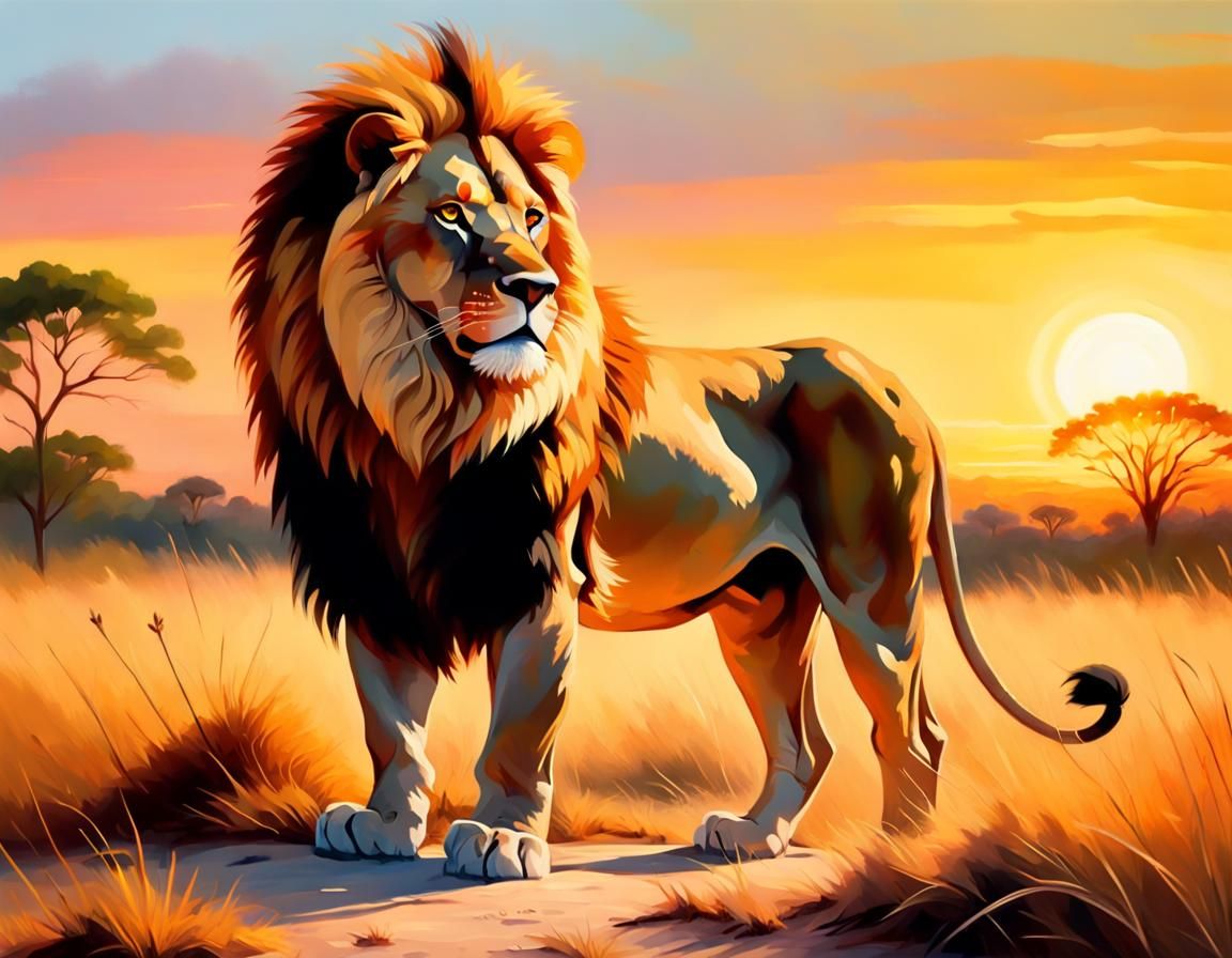Majestic Lion in Sunlit Savannah, Fauvist Oil Painting