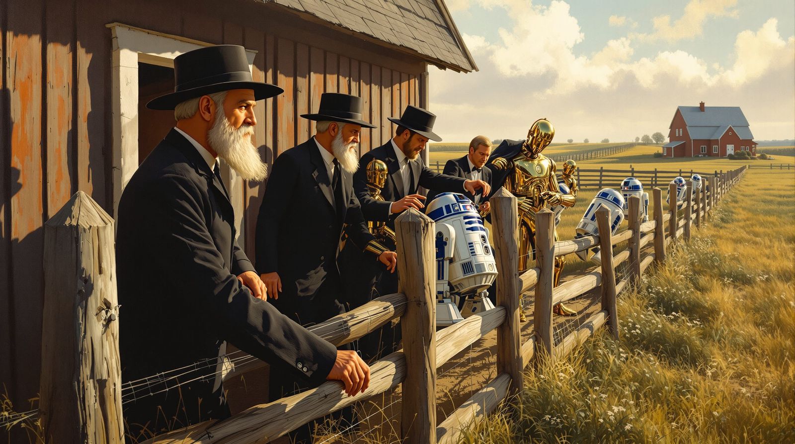 Amish Farmers Expel Star Wars Droids in Oil Painting Style