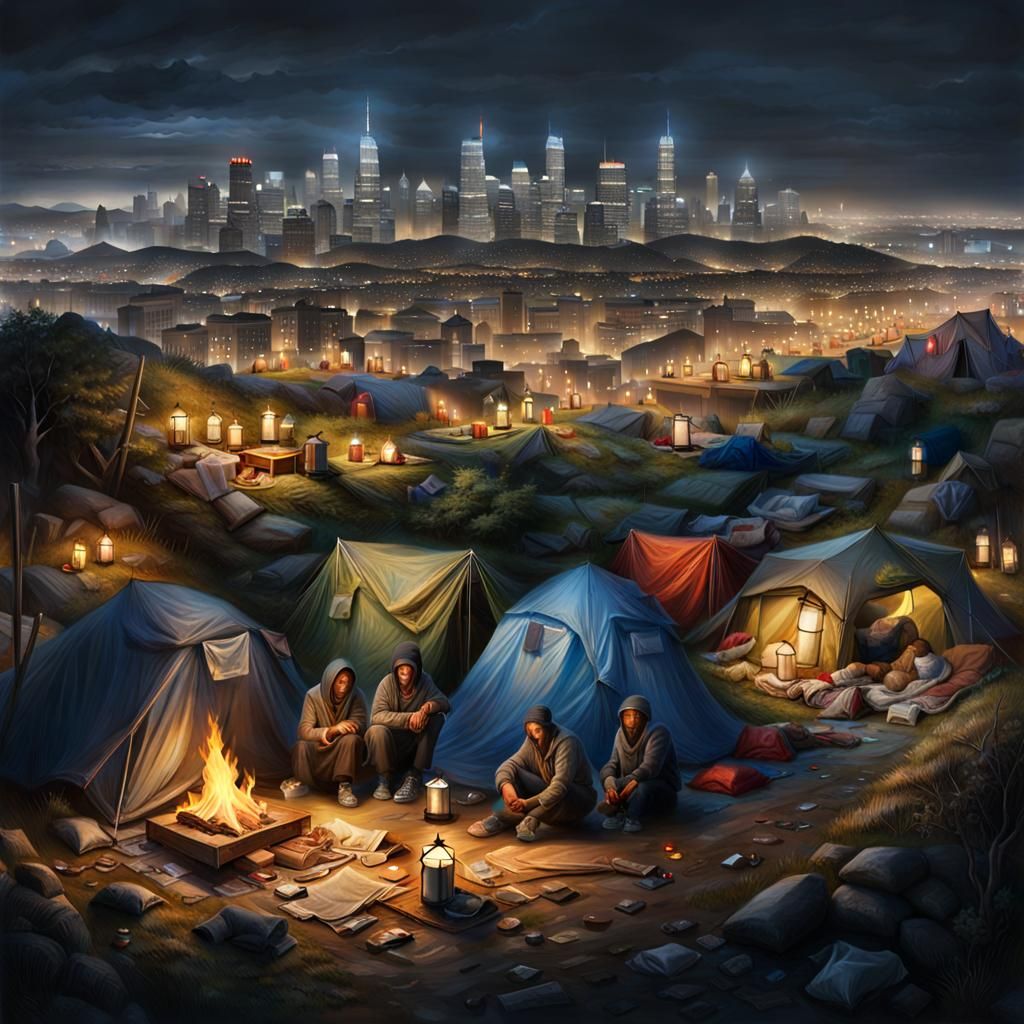 Homeless Camp Contrasted with Cityscape at Night