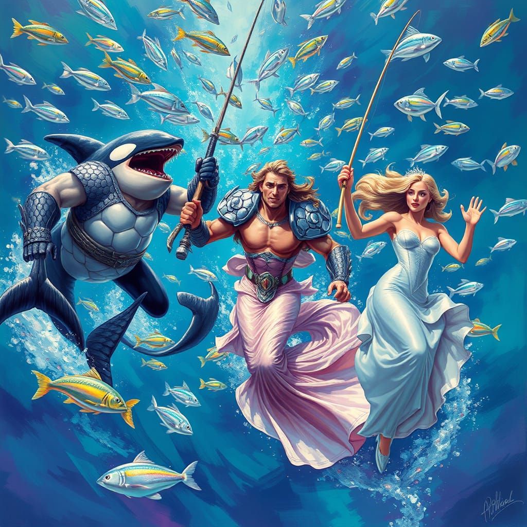 Orca, Narwhal, Beluga Men Race for Mackerel Mermaid