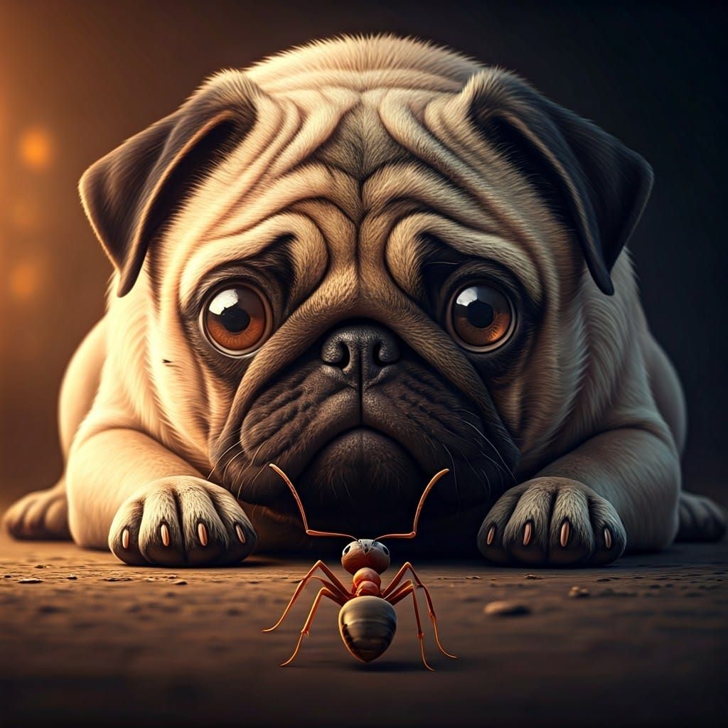 Pug's Fascination: A Hyperrealistic 3D Ant Encounter
