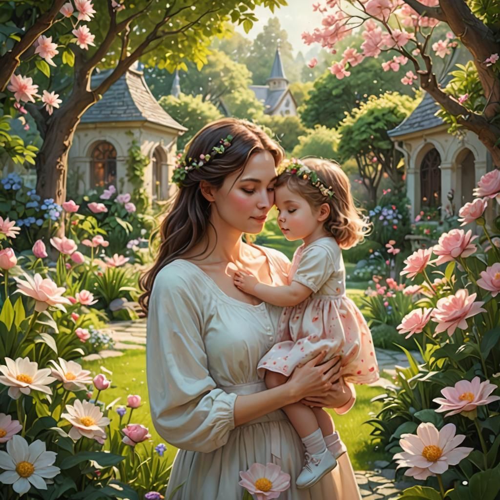Mother and Daughter in Magical Garden