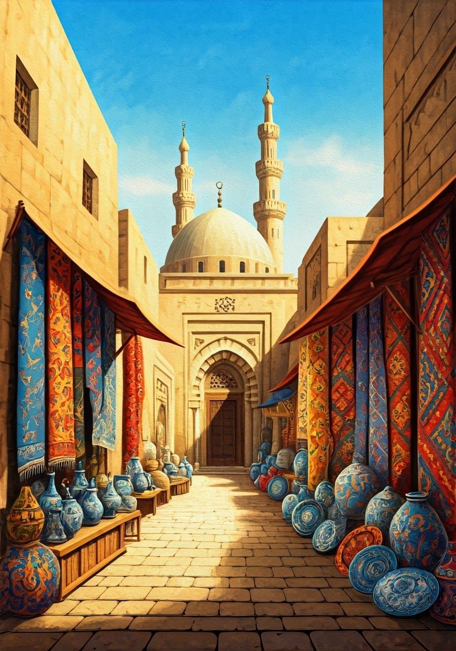 Medieval Cairo Market Scene in Vibrant Gouache Style