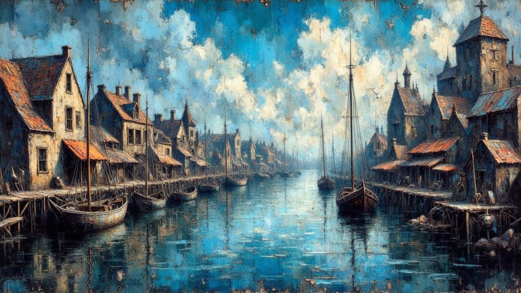 Picturesque Harbor Town with Fishing Boats