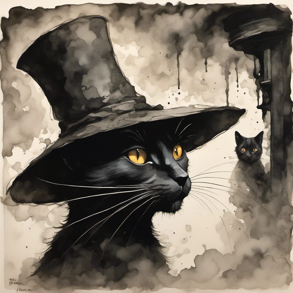 Black Cat Chatting with Man in Hat as Ink Painting