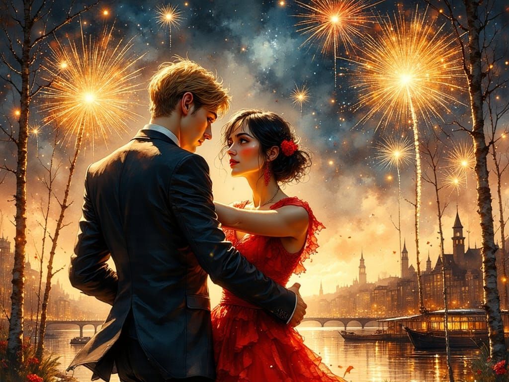Couple Dancing Under Fireworks on New Year's Eve